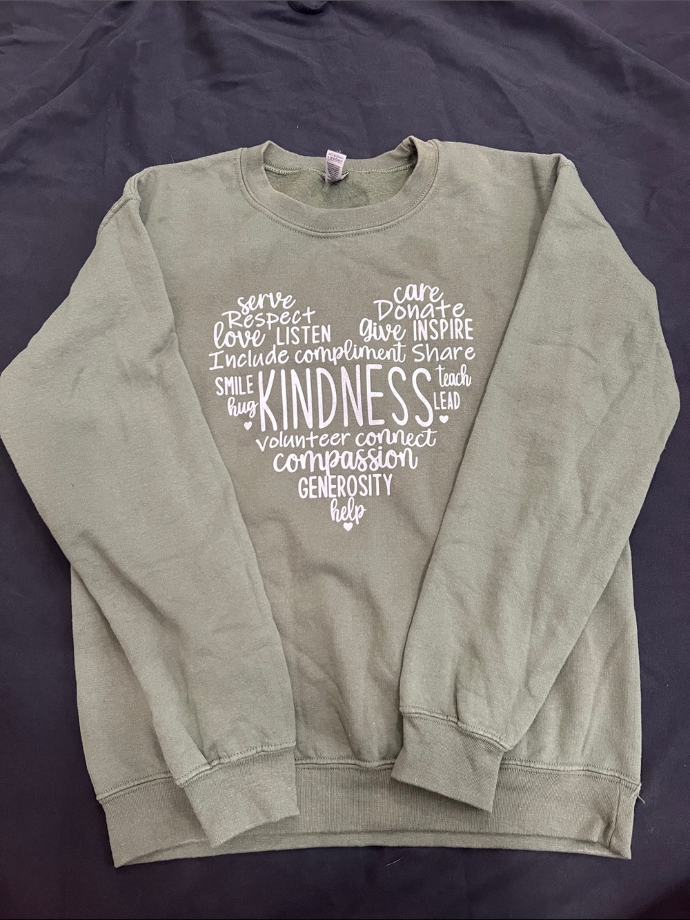 Gildan Olive Green Sweatshirt with White Kindness Heart Graphic